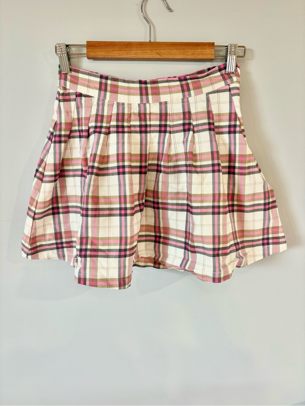 Plaid A-Line Mini Skirt in Pink and Cream Y2K plaid school girl flared skirt